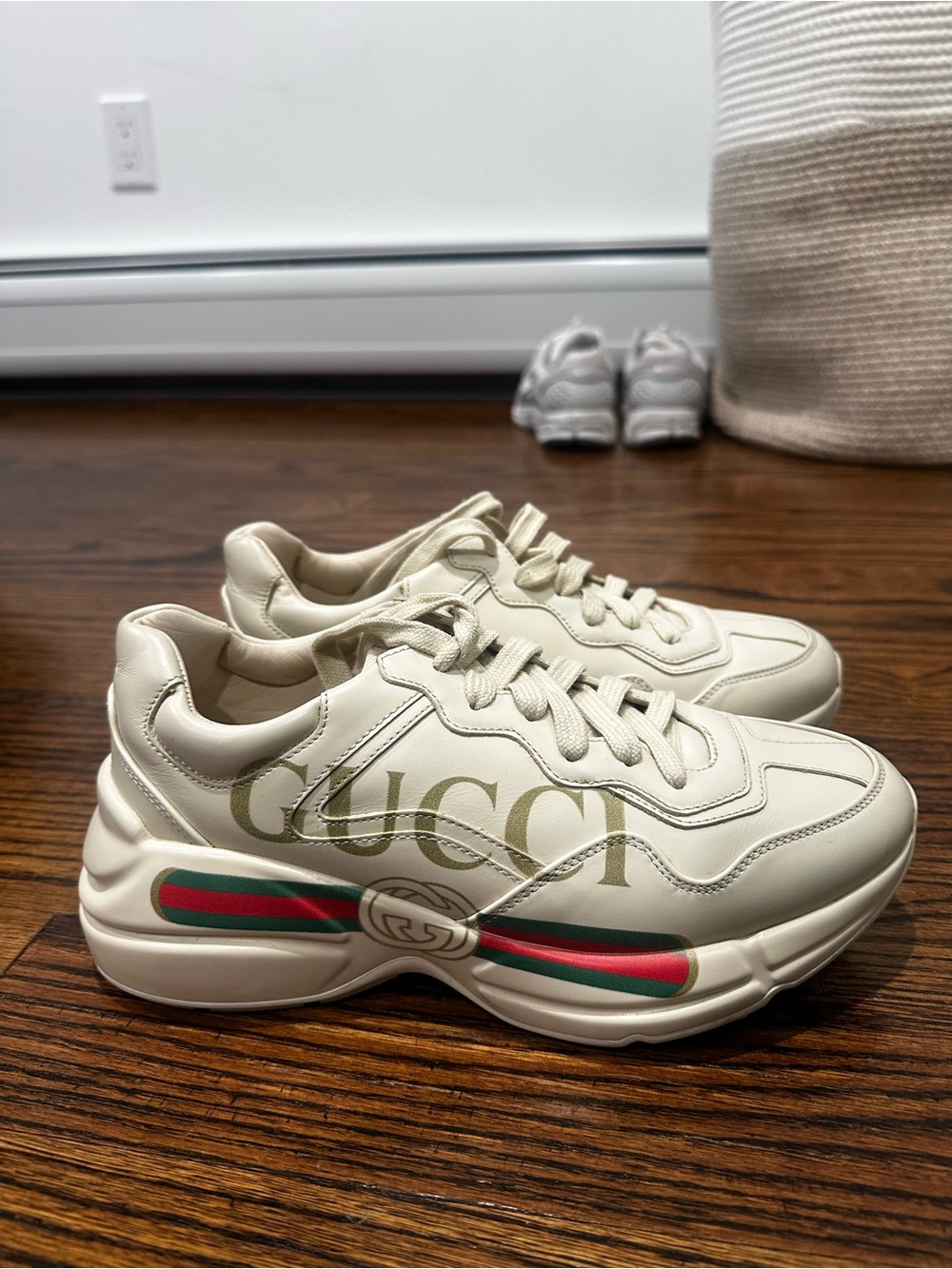 Gucci Cream Leather Ace Sneaker with Green-Red Web
